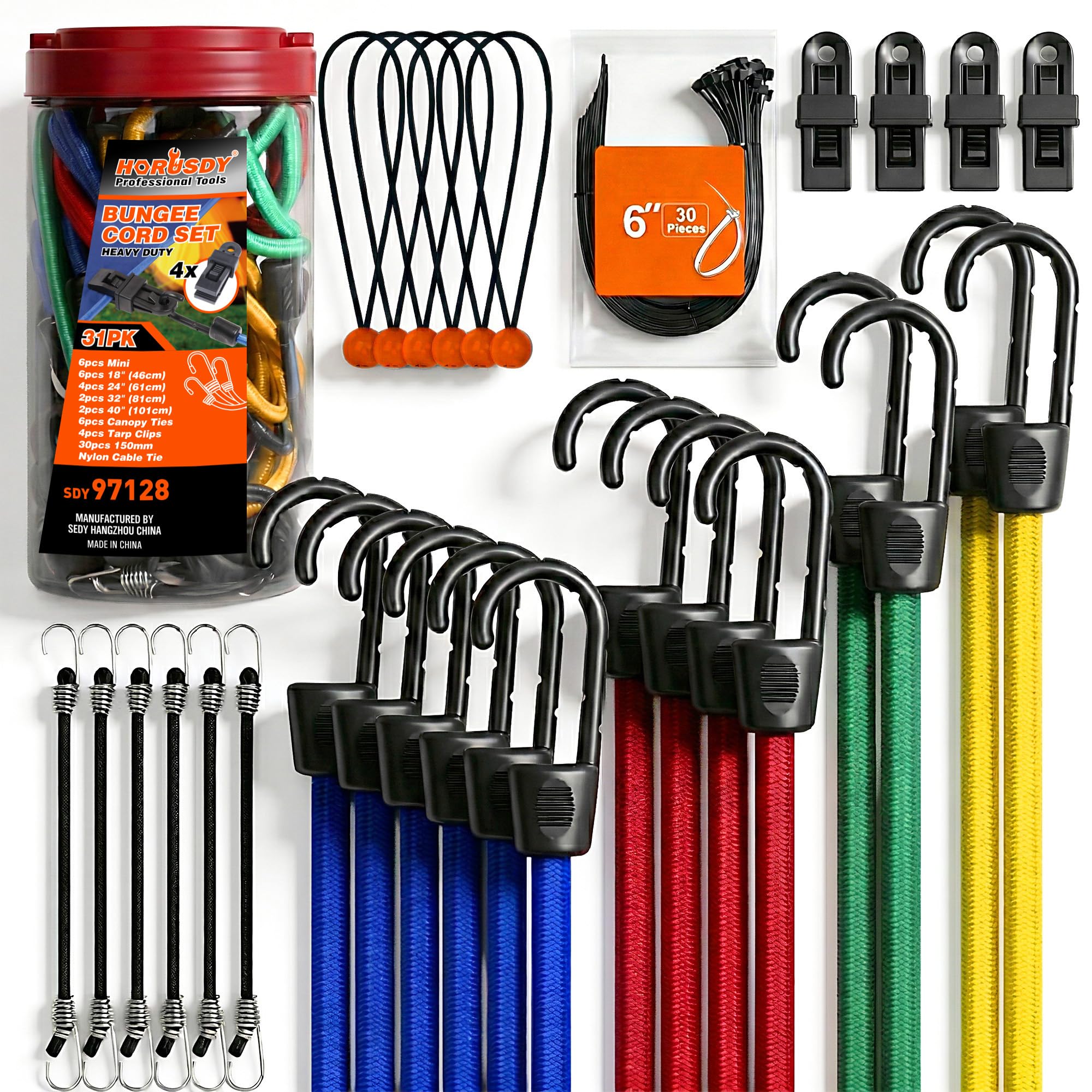 HORUSDY 31-Piece Premium Bungee Cords Assortment Jar, Includes 10